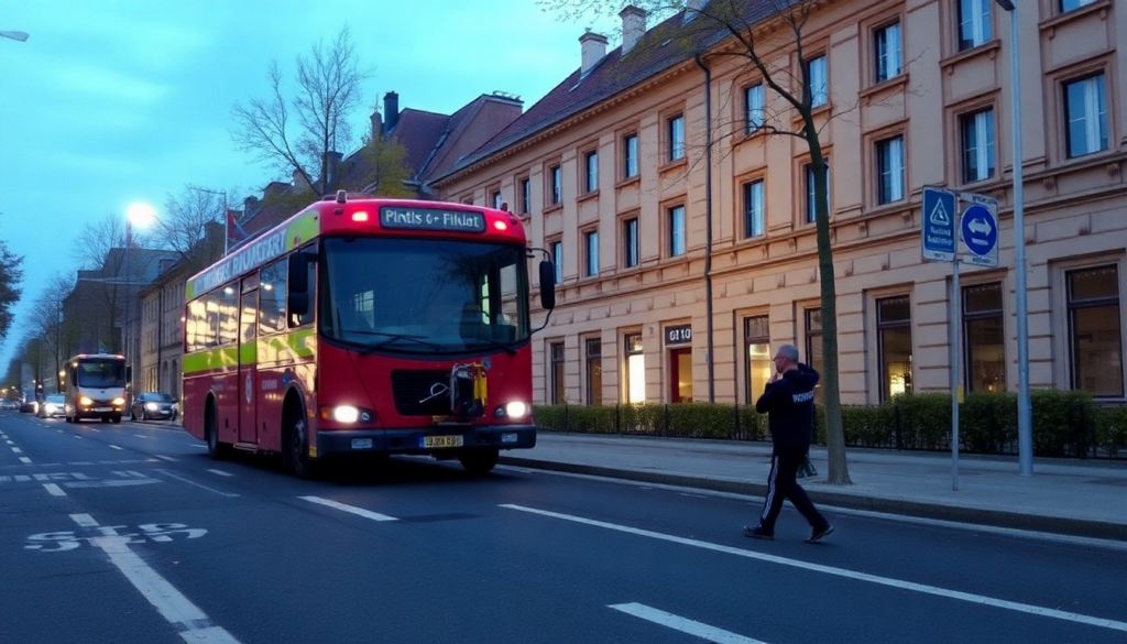 Fußgänger überquert Fahrbahn vor Bus bei Dämmerung – mögliche Gefahrensituation im Stadtverkehr
