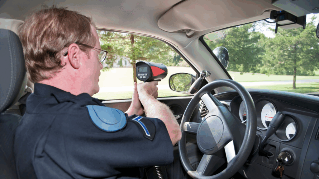 Polizist misst Geschwindigkeit mit Radar – Symbolbild für Verkehrsverstöße laut Flensburg Punktetabelle