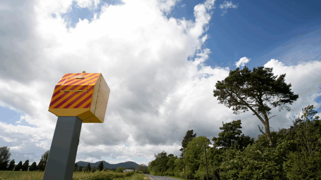 Blitzer an Landstraße bei bewölktem Himmel – Symbolbild für Punkt in Flensburg durch zu hohe Geschwindigkeit