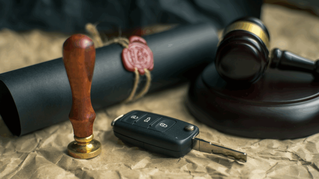 Symbolbild Punktereform Flensburg: Autoschlüssel, Gesetzestext und Richterhammer stehen für Führerscheinrecht