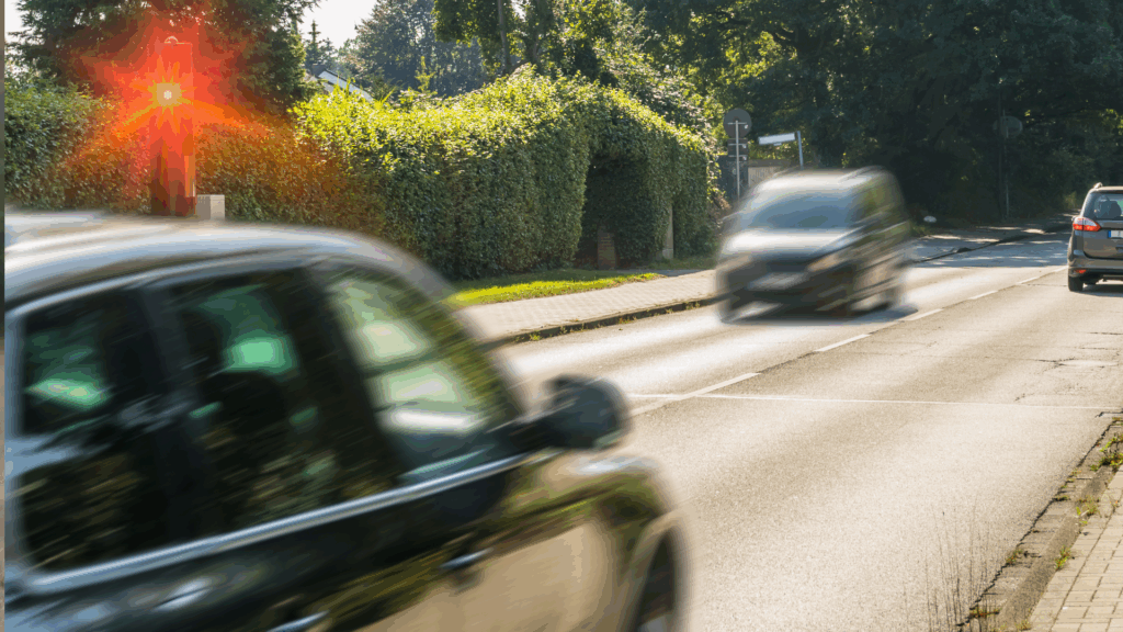 Auto wird innerorts von Blitzer erfasst – Symbolbild für Bußgeldkatalog Flensburg Geschwindigkeitsüberschreitung