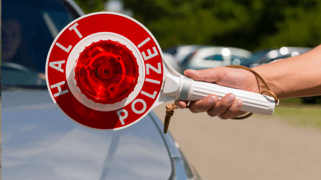 Polizist hält Haltekelle bei Verkehrskontrolle – Symbolbild zur Verkehrssünderdatei Flensburg