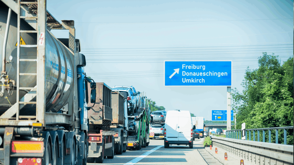 Lkw-Stau auf deutscher Autobahn mit Ausfahrt Richtung Freiburg – jetzt Punkte Auskunft Flensburg online prüfen, um Fahrverbot zu vermeiden.