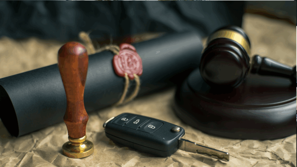 Richterhammer, Autoschlüssel und Siegel – Symbolbild für Anwalt Verkehrsrecht Flensburg bei Führerscheinfragen und Bußgeldern
