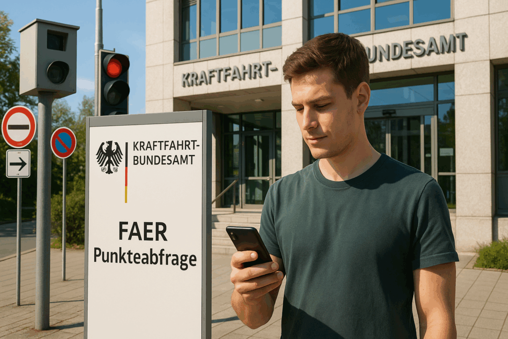 Mann steht vor dem Kraftfahrt-Bundesamt und prüft auf seinem Smartphone den Punktestand – FAER Punkteabfrage zur Kontrolle, wann Punkte in Flensburg verfallen.