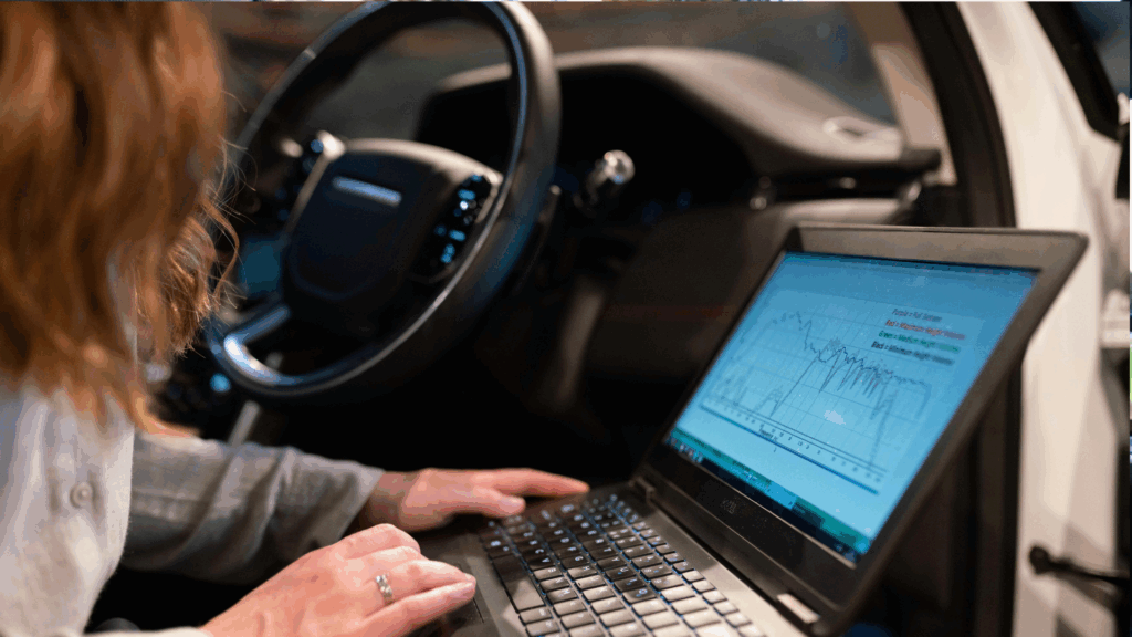 Fahrerin analysiert Punktestand in Flensburg am Laptop im Auto bei maximaler Punktzahl