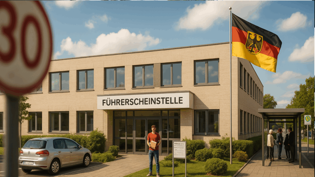 Moderne Führerscheinstelle in Flensburg mit deutscher Flagge, wartenden Personen und einem Besucher mit Unterlagen – zentraler Ort für Führerscheinanträge und Punkteauskünfte.