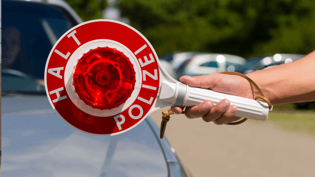 Polizist zeigt Haltekelle bei Verkehrskontrolle – Symbolbild für Einträge im Punkteregister Flensburg