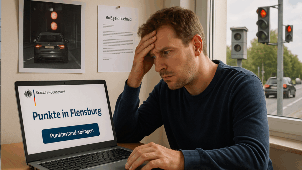 Mann prüft besorgt seinen Punktestand in Flensburg am Laptop nach einem Verkehrsverstoß