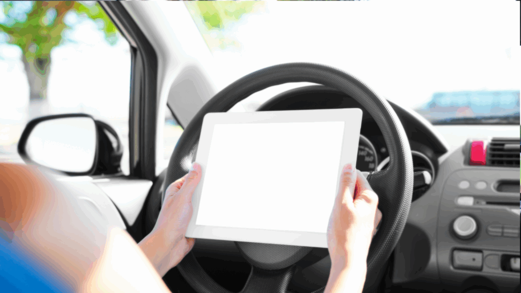 Person sitzt im Auto und hält ein Tablet mit leerem Bildschirm – Symbolbild für die Online-Abfrage der Verkehrspunkte in Flensbur