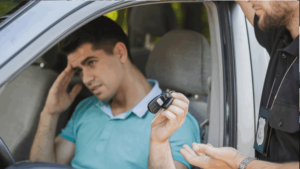 Mann sitzt gestresst im Auto, übergibt dem Polizisten seinen Autoschlüssel – symbolische Darstellung der Frage: Wie viele Punkte darf man in Flensburg haben, bevor der Führerschein entzogen wird?